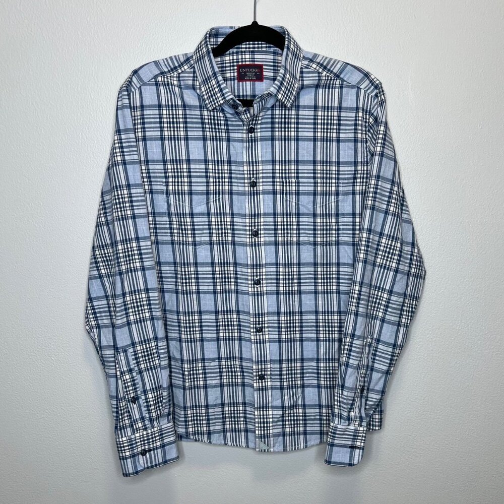 UNTUCKit Button Down Shirt Men's Medium Plaid Slim Fit Blue Cotton Preppy Casual